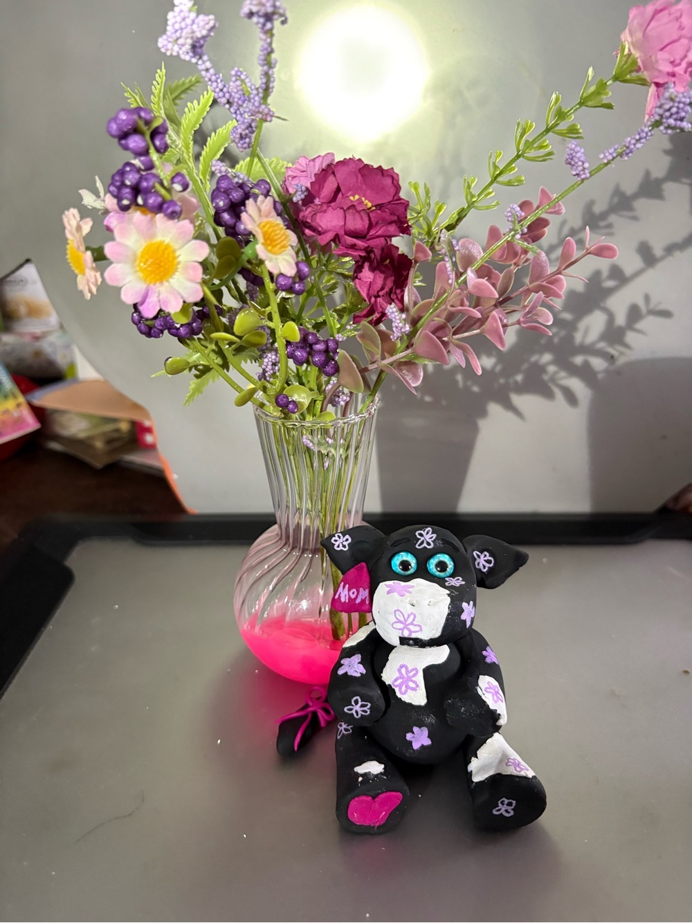 Hand-Painted Black Floral Plush cow  Figurine with Pink & Purple Bouquet
